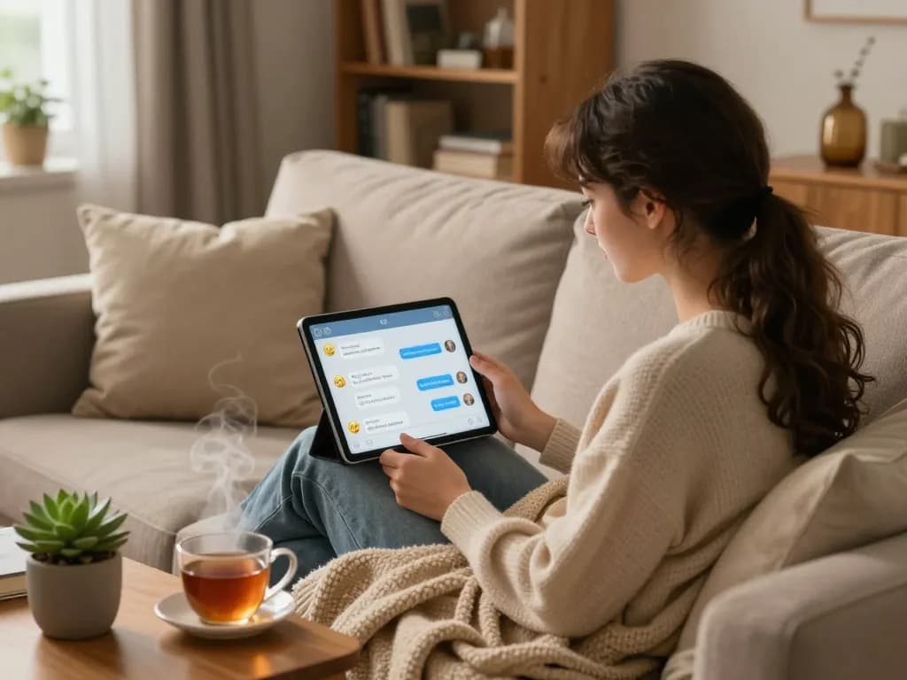 Cozy scene of a woman interacting with her girlfriend AI on a tablet, showcasing emotional connection and intimacy.