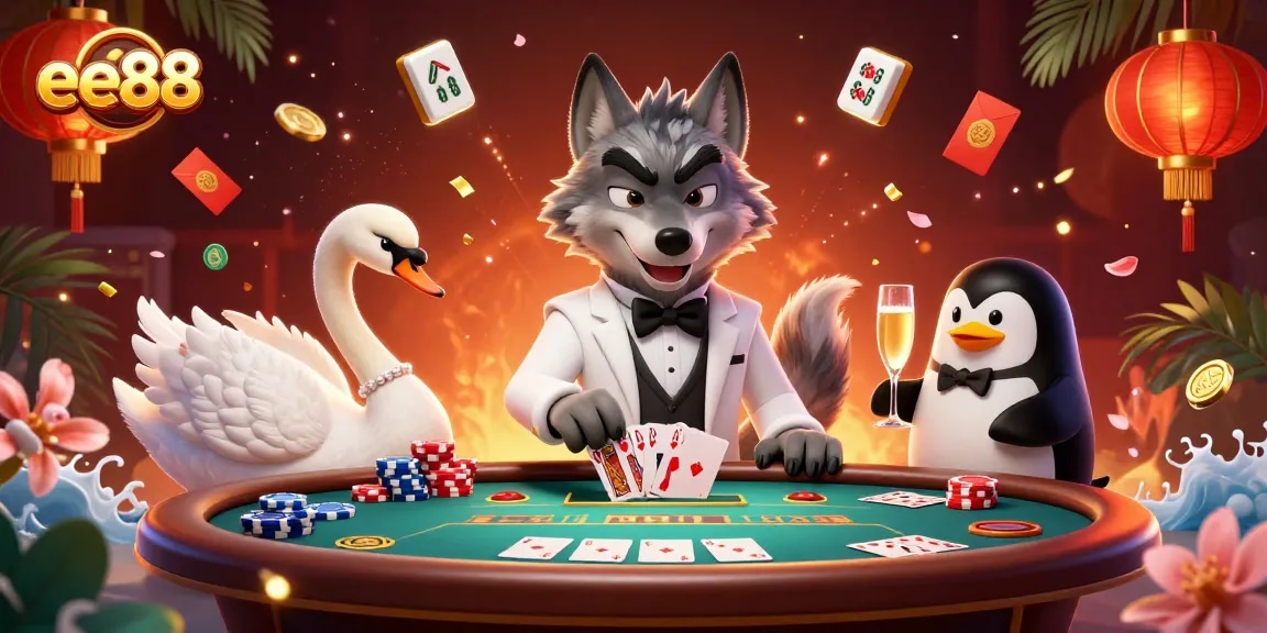 A dynamic scene with ee88 characters playing baccarat amidst festive elements, showcasing a poker theme