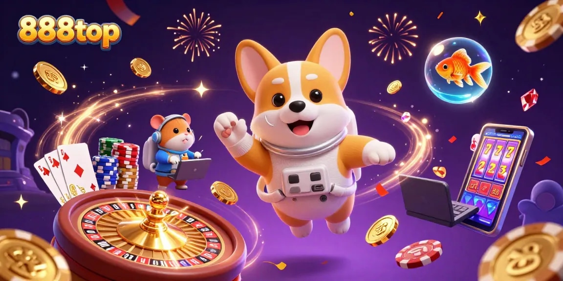 Experience the fun of 888top casino with a cartoon corgi and cosmic elements!