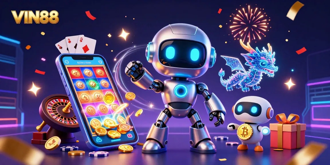 Experience thrilling gameplay with VIN88's vibrant casino scene featuring a cyberpunk robot, dragon, and bitcoin drone.