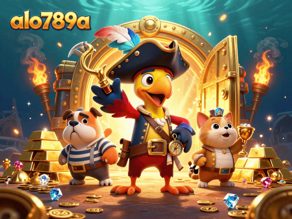 Join the excitement at alo789a with a pirate captain and dog, surrounded by treasure and casino elements!