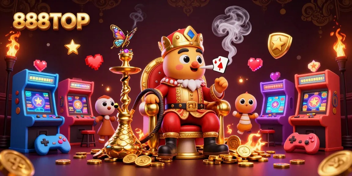 Experience the vibrant gaming world at 888TOP, featuring extravagant characters amid colorful arcade elements.