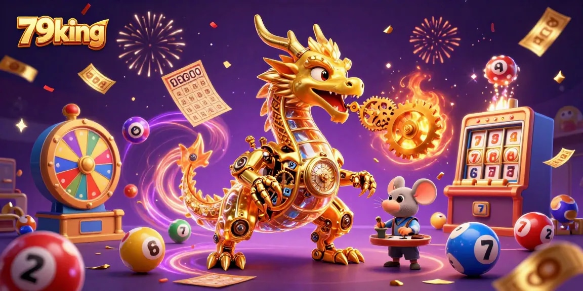 Engage with 79king's vibrant casino experience featuring a golden dragon amidst dynamic gaming elements.
