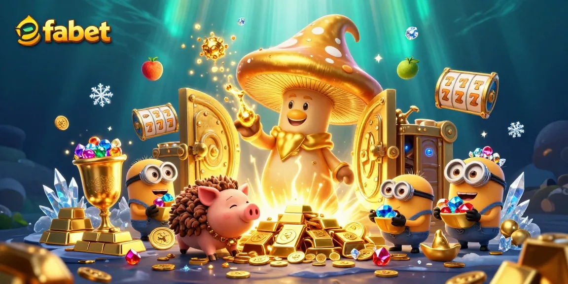 Experience the magic of fabet with a golden mushroom wizard in a treasure-filled 3D scene.