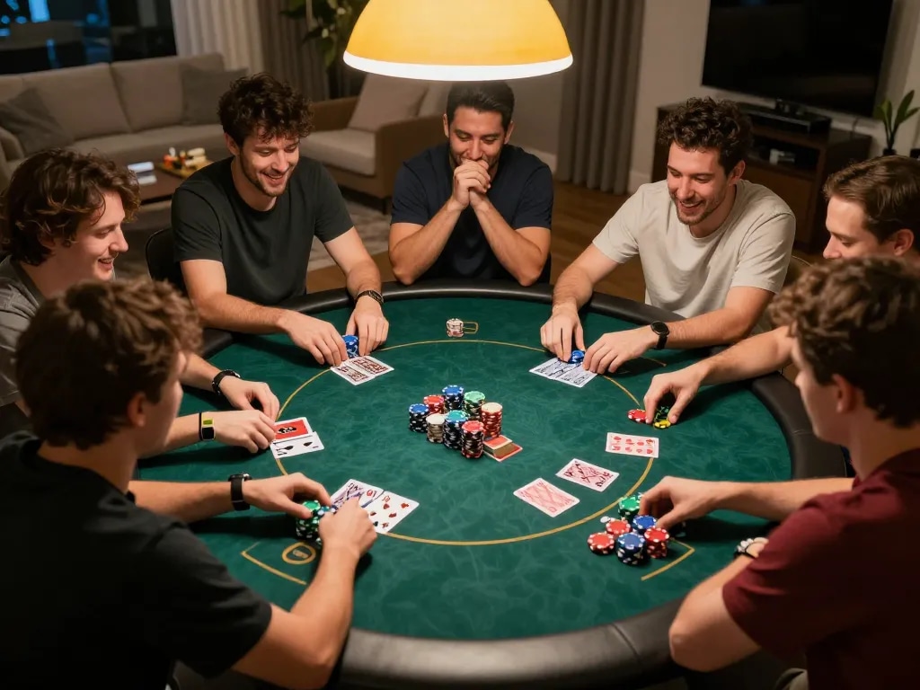 This poker game at https://tr88.bio/ showcases friends competing with colorful chips and cards in a cozy home setting.