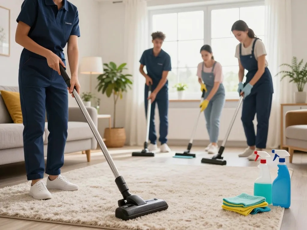 Efficient home cleaning by professionals at Pretty Úklid, showcasing teamwork and cleanliness.