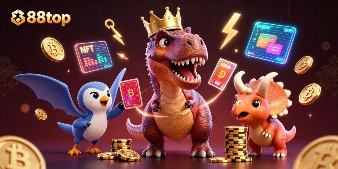 Experience thrilling wins at 888top with T-Rex and friends in this vibrant casino scene.