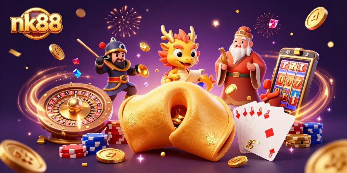 nk88 reveals winning strategies with vibrant casino-themed 3D illustration showcasing excitement and fortune.