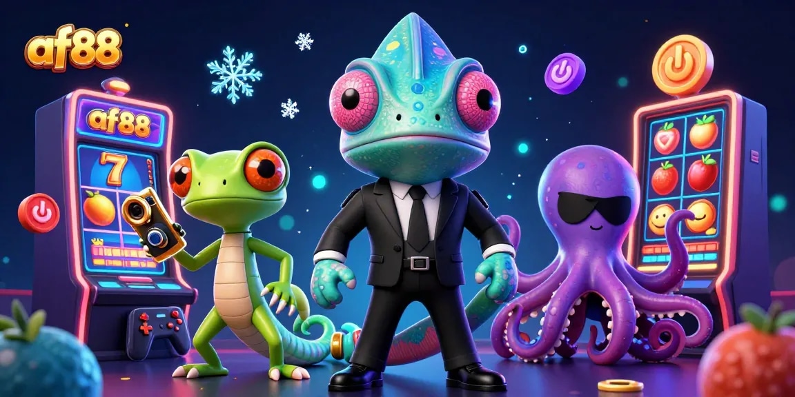Spin with af88 amidst colorful slots, chameleon and gadgets in a dynamic casino scene.