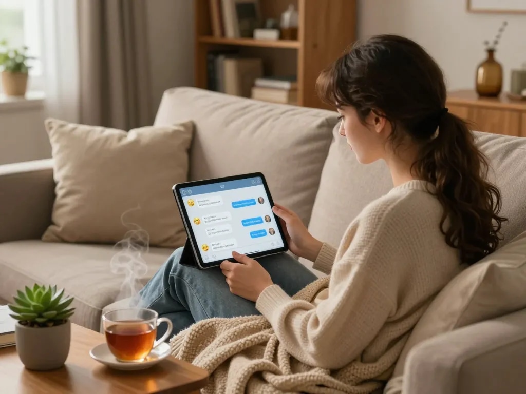 Cozy scene of a woman interacting with her girlfriend AI on a tablet, showcasing emotional connection and intimacy.