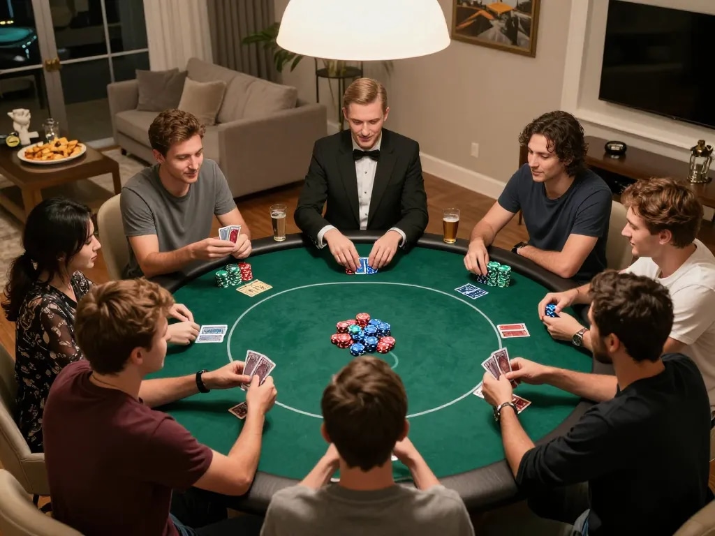 Players strategizing in a home poker game at CM88, showcasing intense focus and camaraderie.