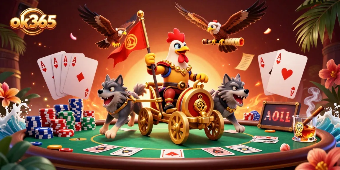 Win big at ok365 with a dynamic scene featuring the rooster warlord and poker action.