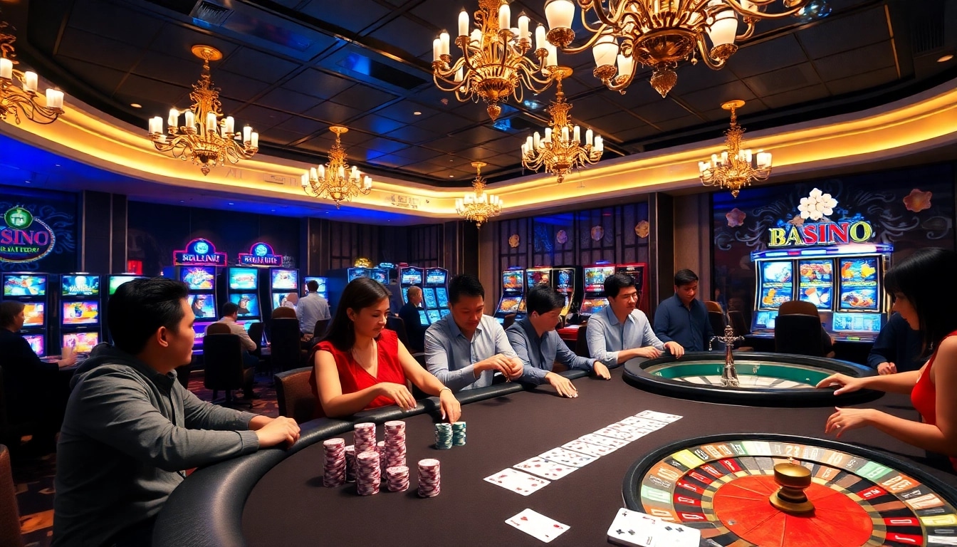 Players enjoying an exciting blackjack game at bj88 casino, surrounded by vibrant slot machines and roulette wheels.