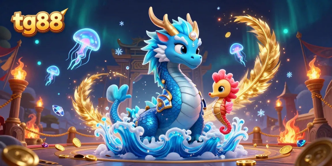 Engage with the tg88 gaming experience featuring a vibrant dragon and seahorse knight in a dynamic casino scene.