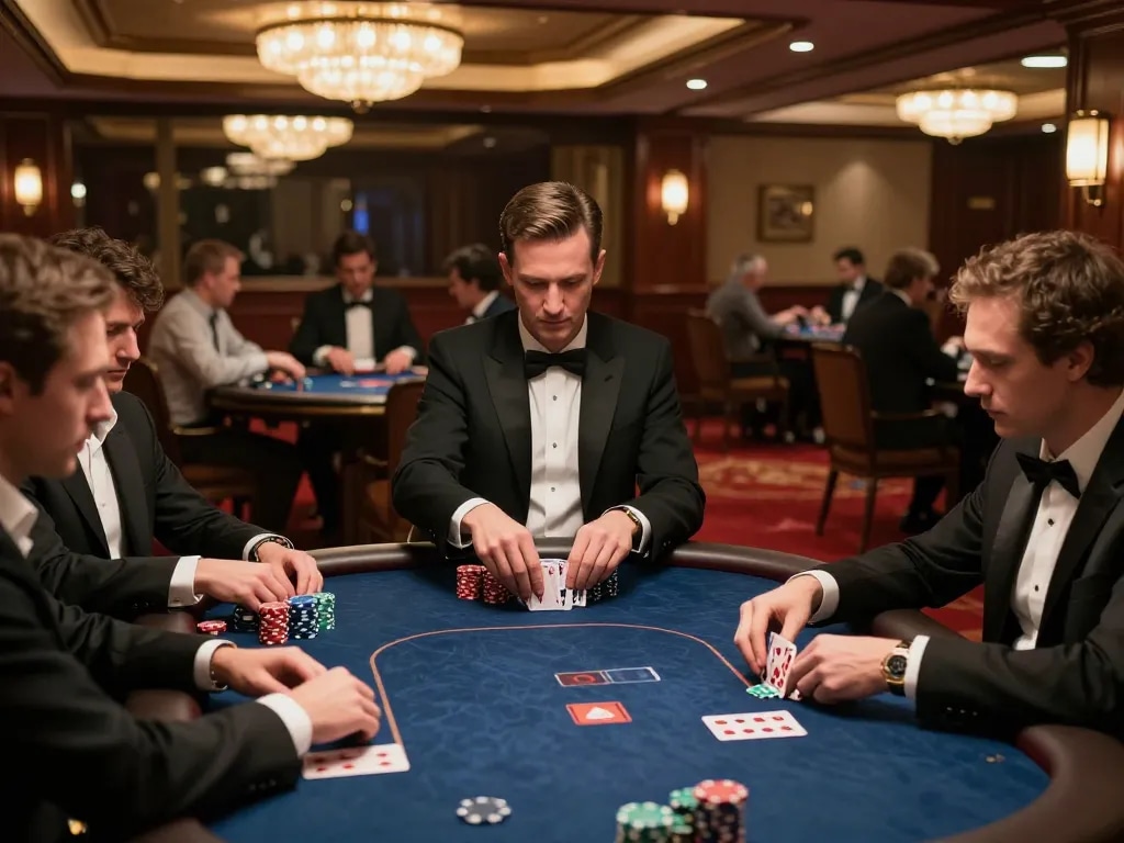 Players strategizing in a high-stakes poker game at LV88 luxury casino, elegant atmosphere