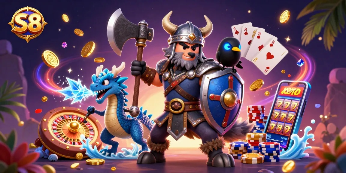 S8 players winning with a Viking wolf warrior, dragon, and coins, enjoying online casino games