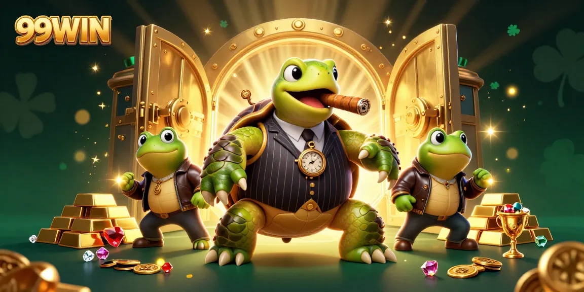 Experience the thrill of gaming at 99WIN with a vibrant casino scene featuring a turtle mobster.