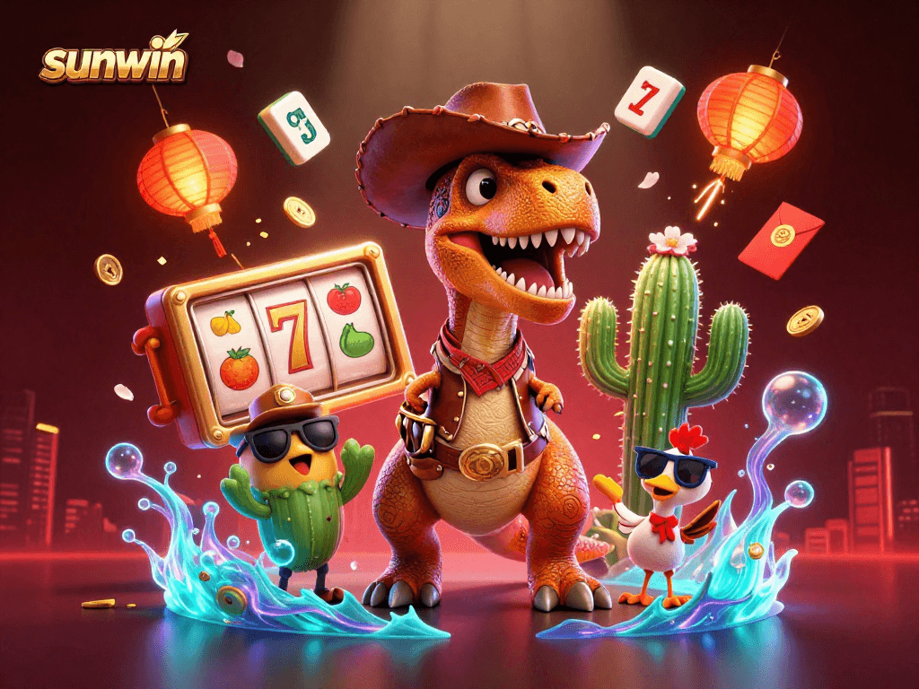 Engage in thrilling gameplay with sunwin's vibrant 3D illustration showcasing a cowboy dinosaur amidst slot reels and festive elements.