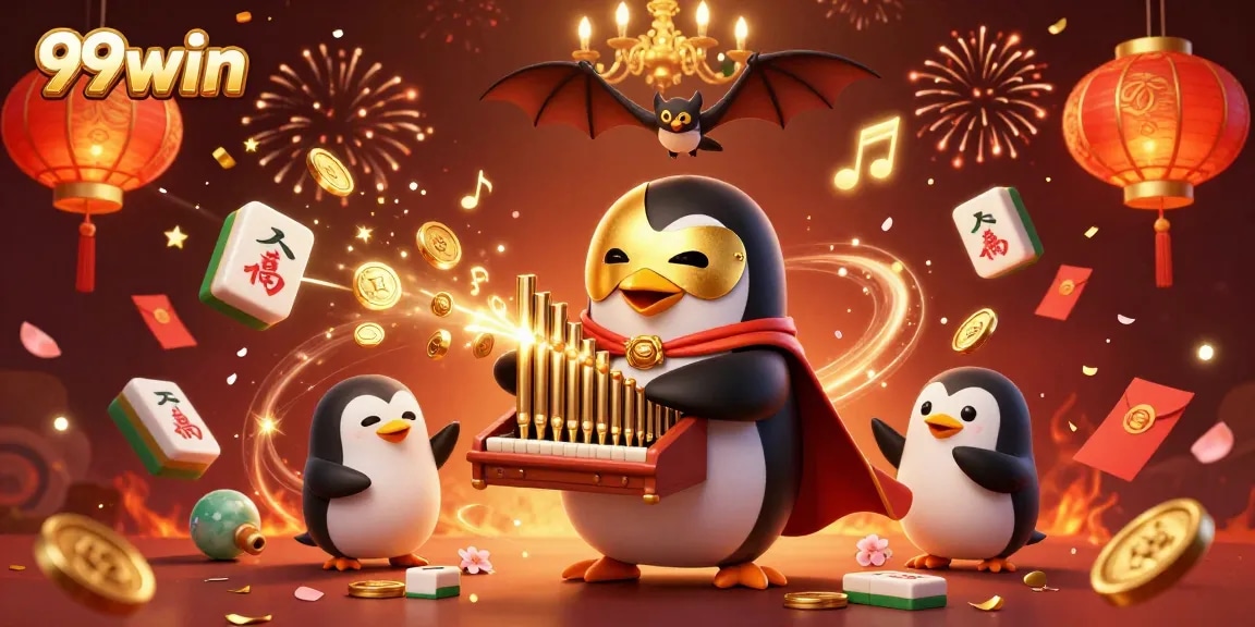 Win big with 99win's vibrant casino scene showcasing fortune elements in a 3D animation style.