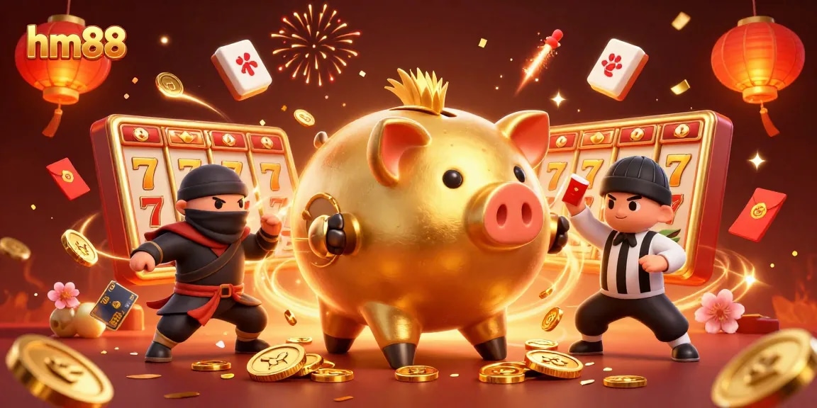 Win big with hm88's dynamic game scene featuring a golden piggy bank sumo wrestler and exciting casino elements.