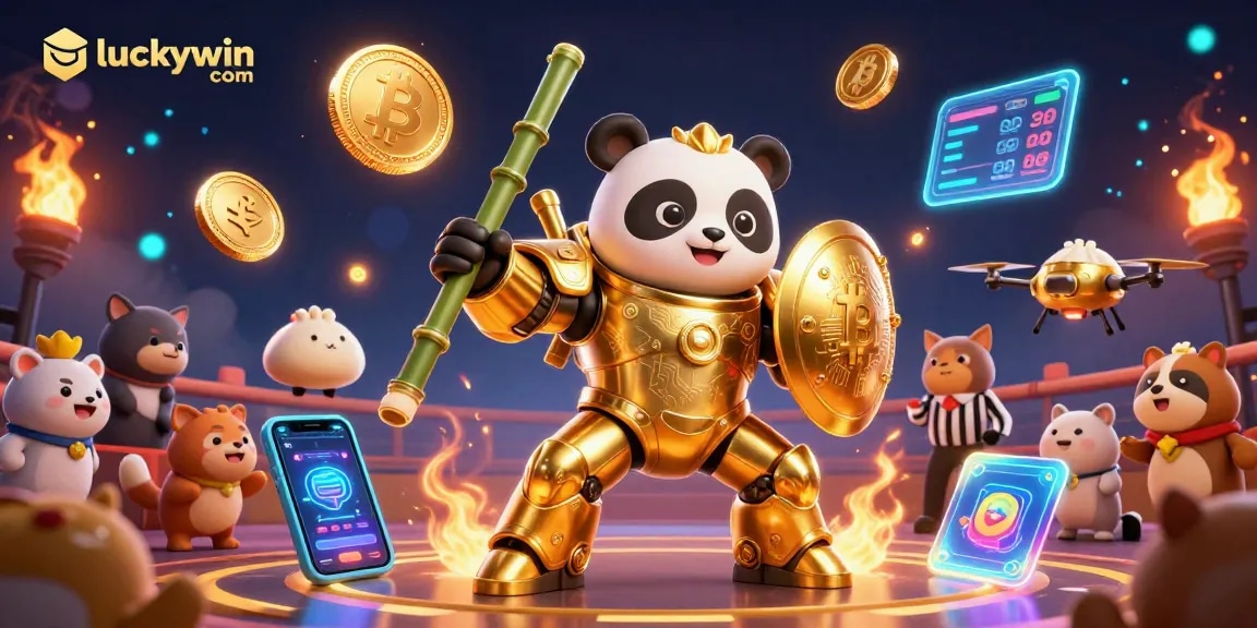 Experience exciting gameplay at luckywin com with a vibrant golden panda in a dynamic casino illustration.