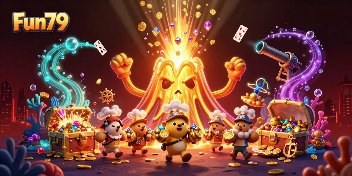 Play thrilling Fun79 slots as treasure erupts from a golden volcano in this exciting casino scene!
