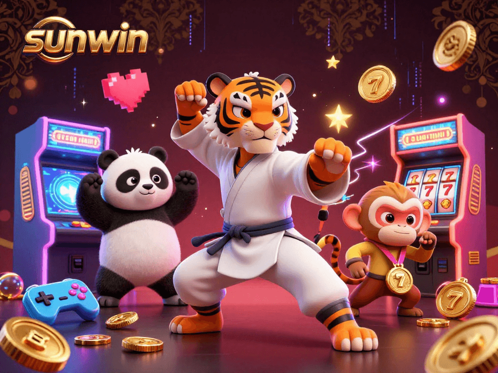Engage with sunwin as a kung fu tiger and friends celebrate wins amid a vibrant casino backdrop.