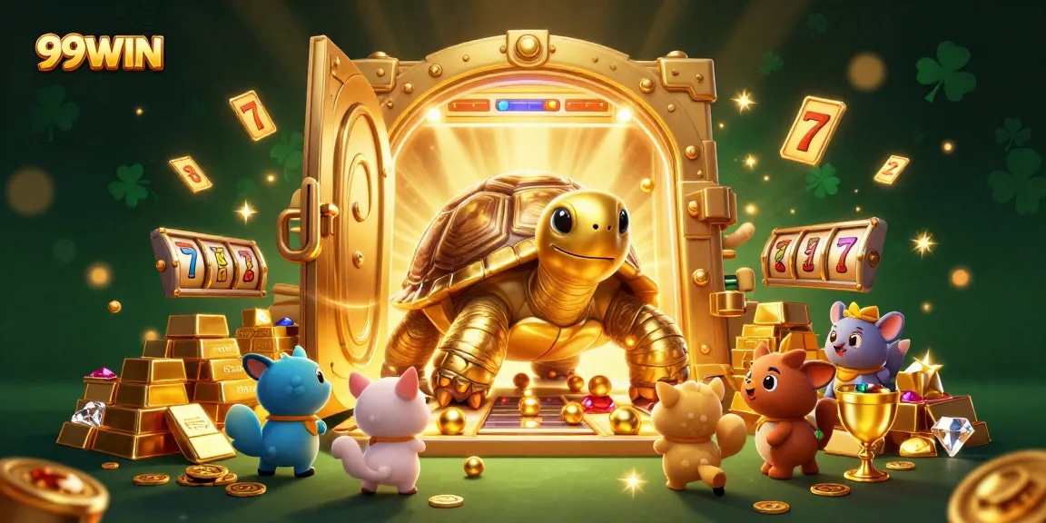 Experience epic wins with 99WIN's slot games in this vibrant 3D casino scene!
