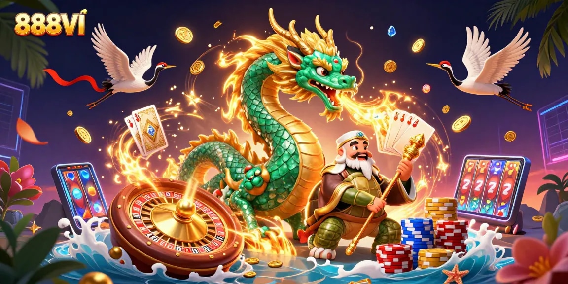Join the excitement at 888VI with a powerful dragon, lucky cranes, and vibrant casino elements!