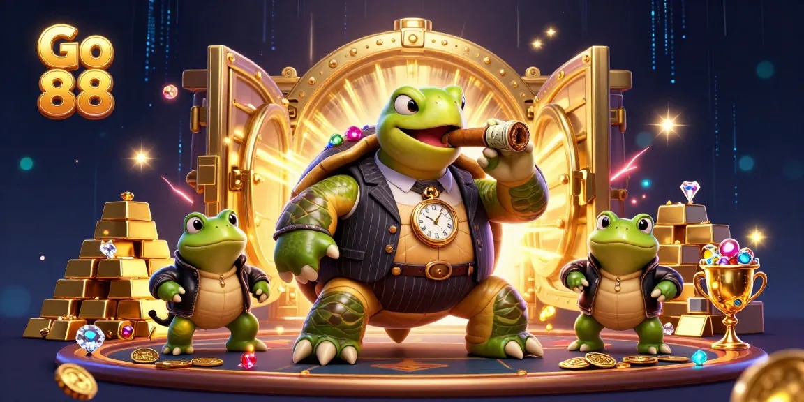 Go 88 captures a thrilling scene with cartoon characters and vibrant casino elements.