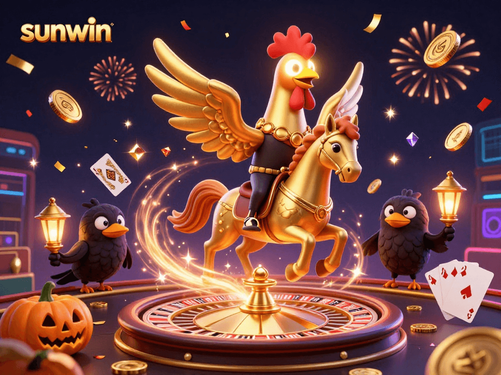 Experience the thrill at sunwin with a lively scene of a golden rooster and its spooky companions celebrating casino wins.