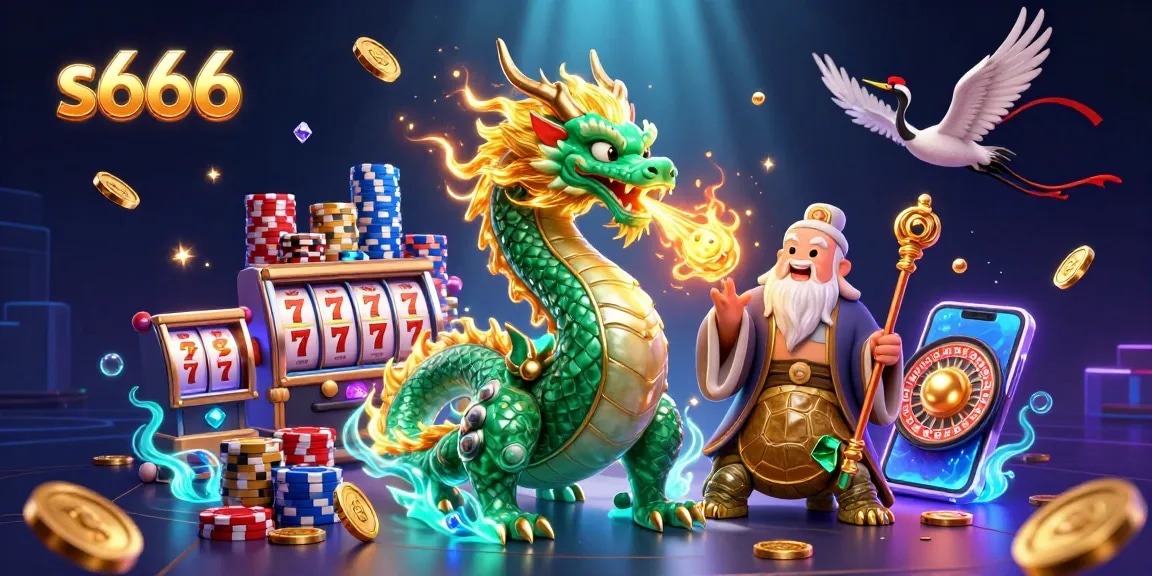 S666 unleashes vibrant fun in a dynamic casino scene with golden coins, a jade dragon, and lucky cranes.