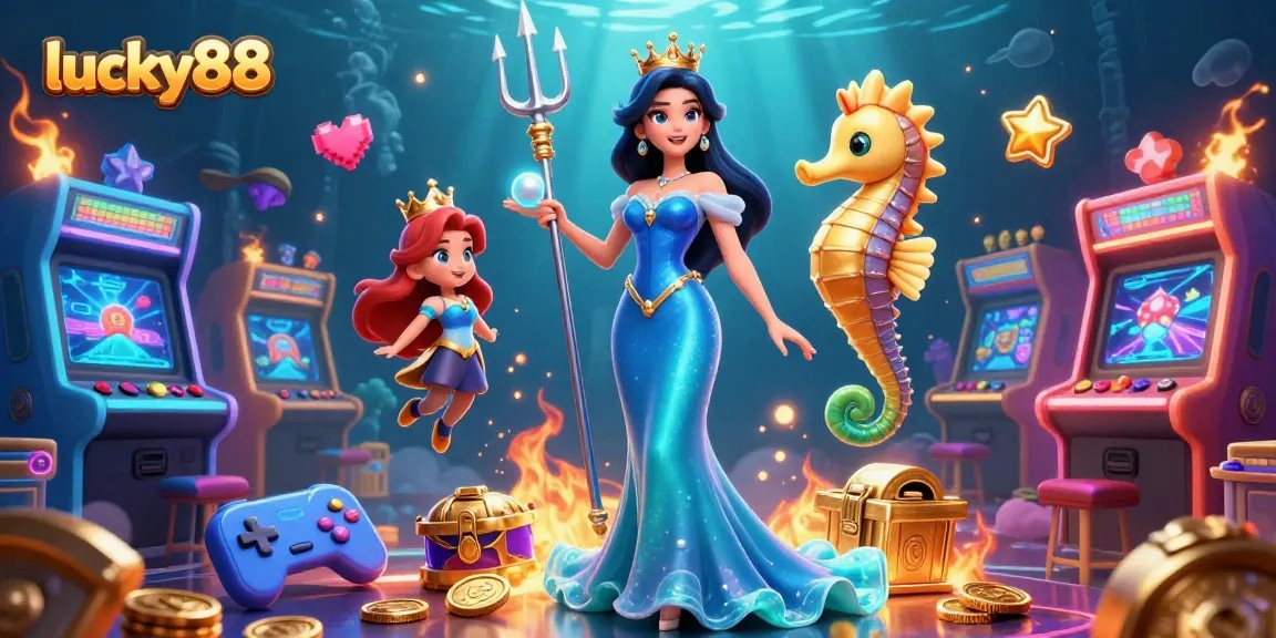 Experience the thrill of lucky88 with vibrant 3D characters and casino game elements in an underwater world.