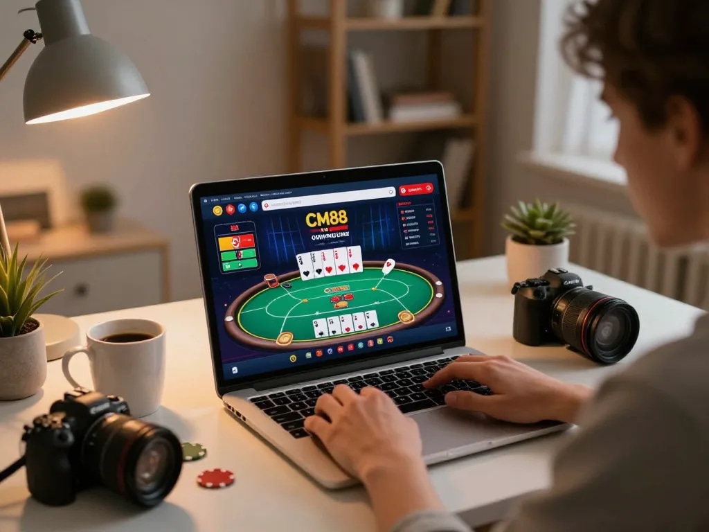 Player engaging with the CM88 online casino on a laptop, showcasing a dynamic poker game setup