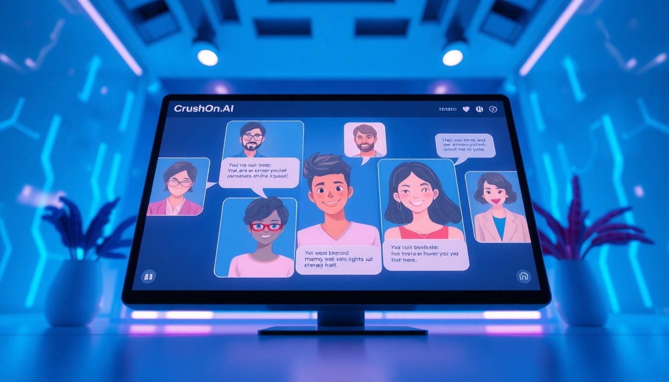 Engaging AI chat interaction scene showcasing crushonai animated characters in a vibrant digital environment.