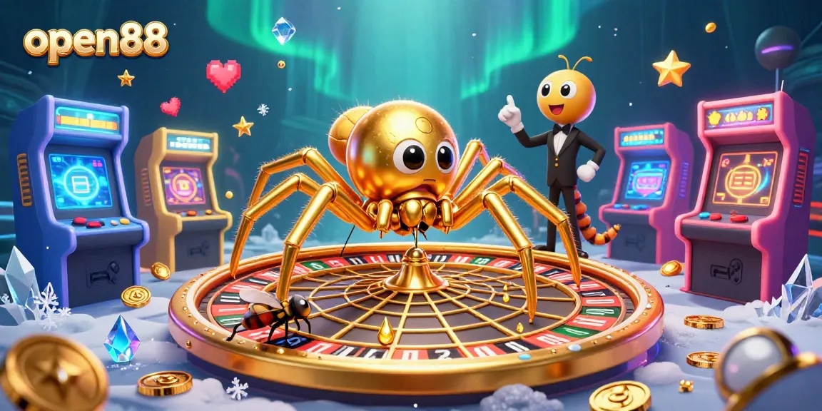 Place bets at open88 in a vibrant casino scene featuring a golden spider and dynamic game elements.