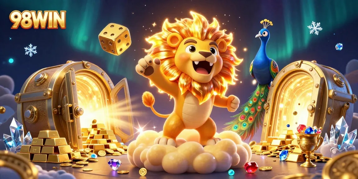Engage with 98WIN's thrilling 3D casino experience featuring a majestic lion and golden dice.
