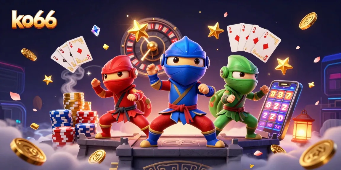 Experience the thrill of ko66 with cartoon ninja chameleons amidst brilliant casino elements.
