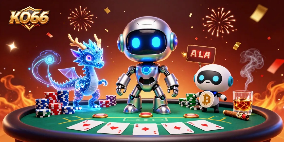 KO66 poker table with a cyberpunk robot mascot and holographic dragon celebrating with chips and cards.