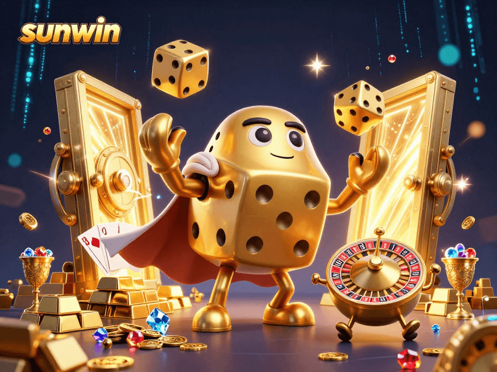 Play and win with sunwin, featuring golden dice golems and casino treasures in vibrant 3D art.