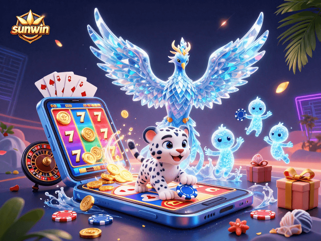Engage with the vibrant sunwin scene showcasing a colorful slot game, an ice phoenix, and ice sprites.