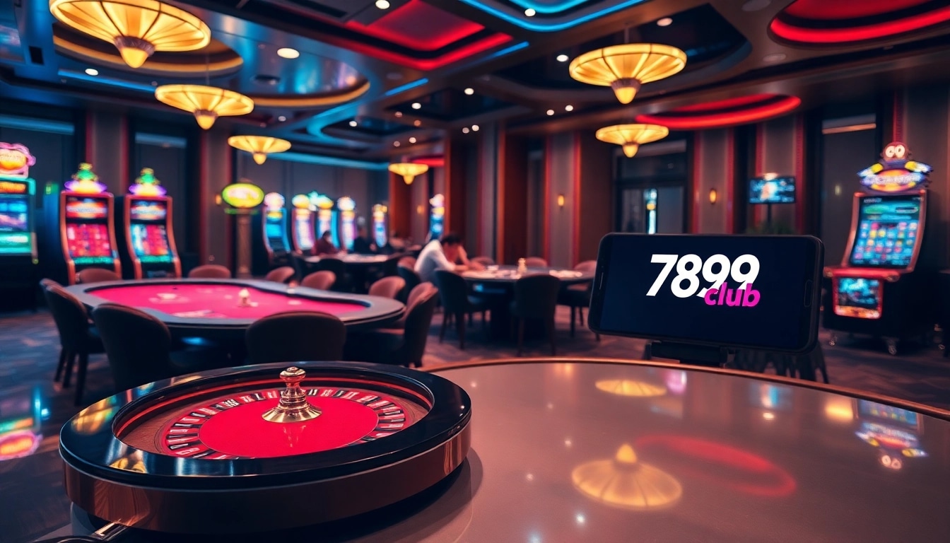 Exciting casino action featuring players at a 789club poker table and vibrant slot machines.