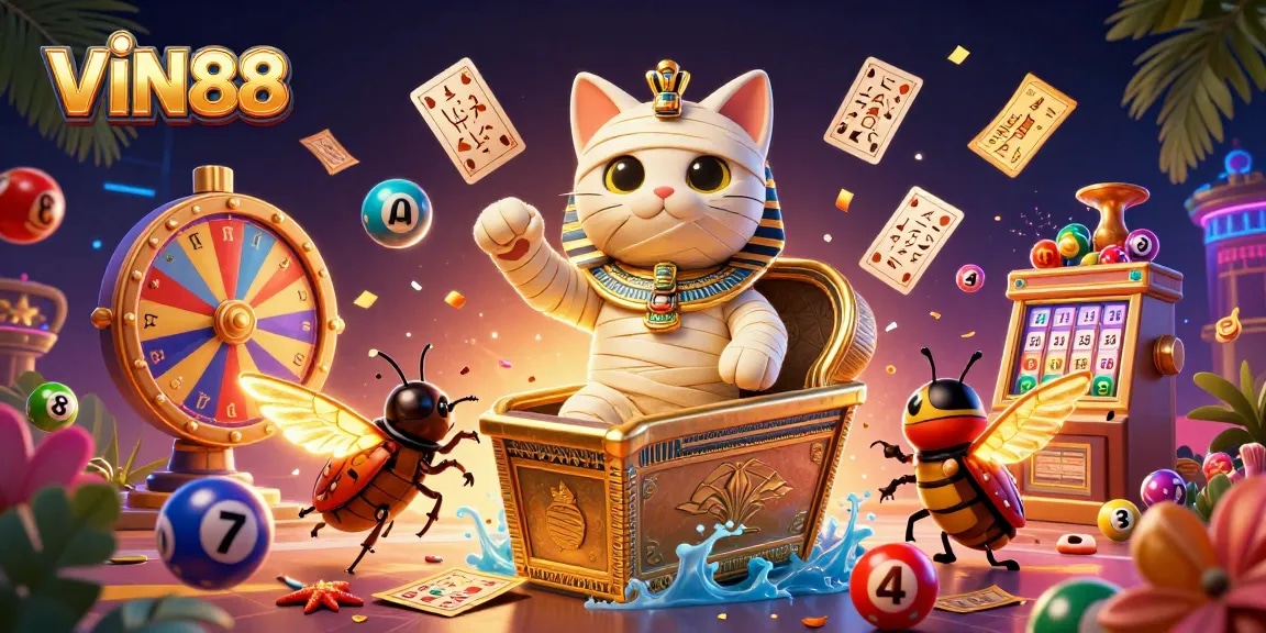 Experience the excitement of VIN88 with a vibrant casino-themed illustration featuring a mummy cat and dynamic game elements.