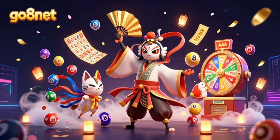Experience the thrill of go8net gaming with vibrant lottery elements and dynamic 3D characters.
