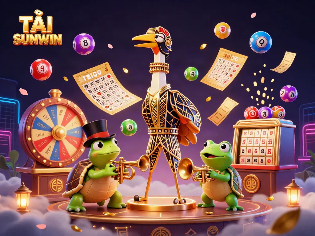 Action-packed scene featuring TẢI SUNWIN with animated characters and vibrant lottery elements.