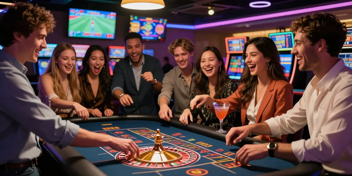 BetLabel casino scene with friends at roulette table, showcasing excitement and vibrant atmosphere.