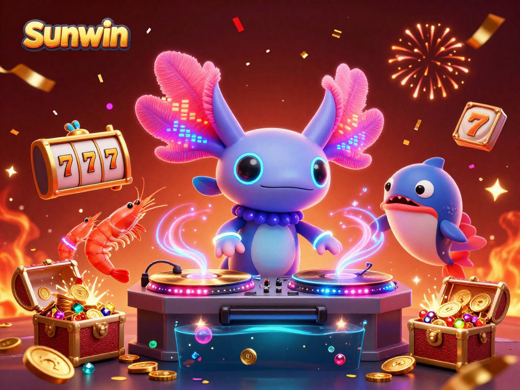 Experience vibrant gameplay with sunwin in a lively casino scene featuring neon characters.