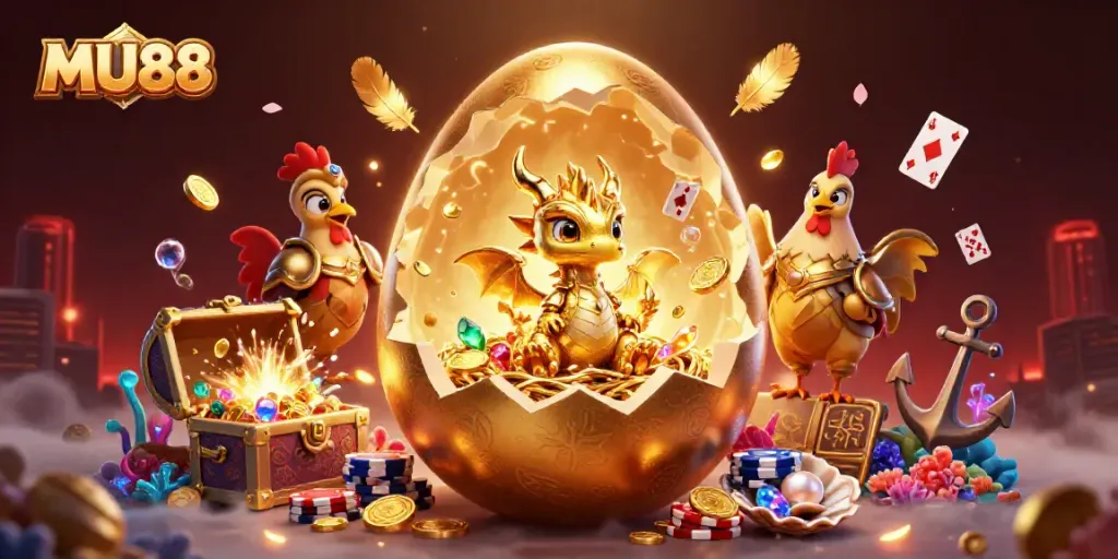 Engage in MU88's vibrant casino scene featuring a golden dragon amid poker chips and dazzling treasures.