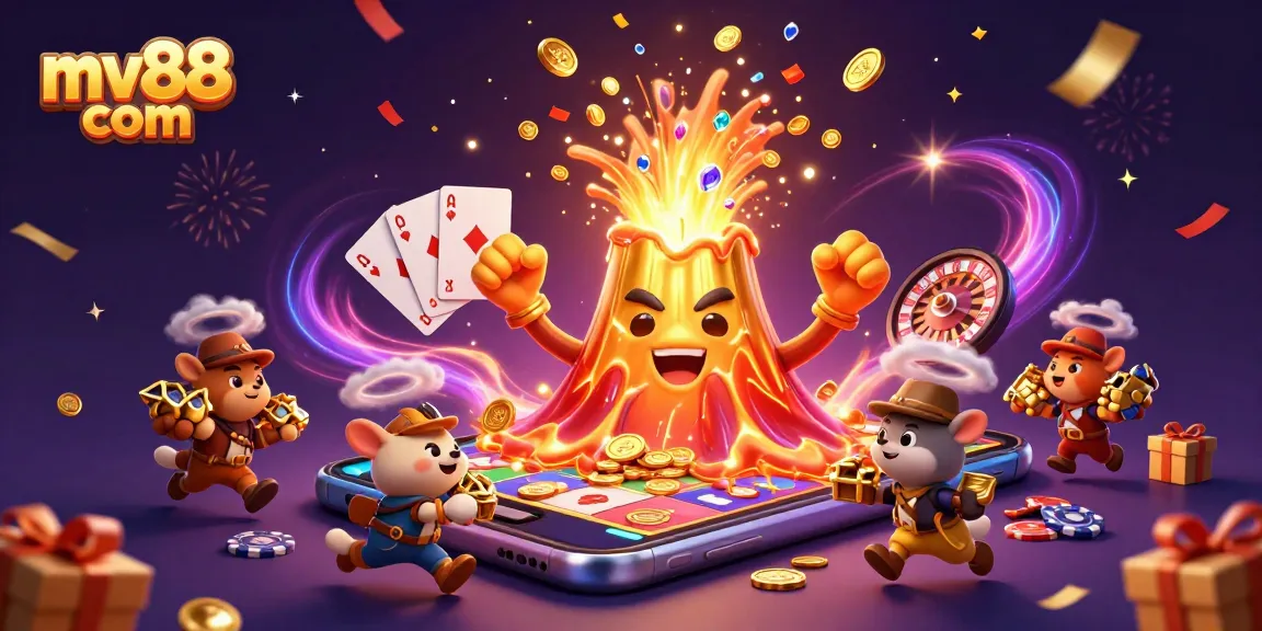 Engaging scene depicting mv88 com with a triumphant volcano and treasure-hunting animals amidst slot game excitement.