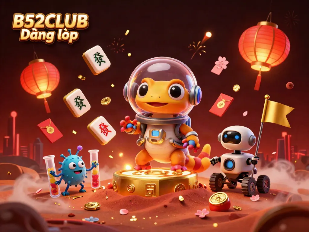 B52CLUB Đăng nhập - A vibrant casino scene with a Martian gecko discovering treasures.